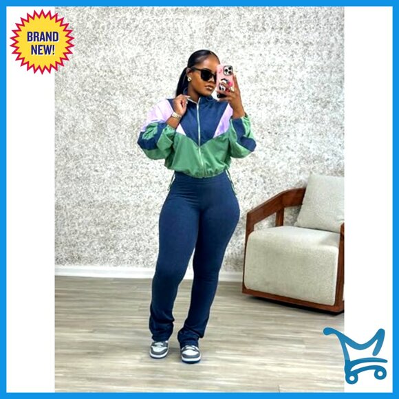 Two Piece Set Zip Up Cropped Jacket High Waist Flare Pants Casual Chic - Picture 2 of 7